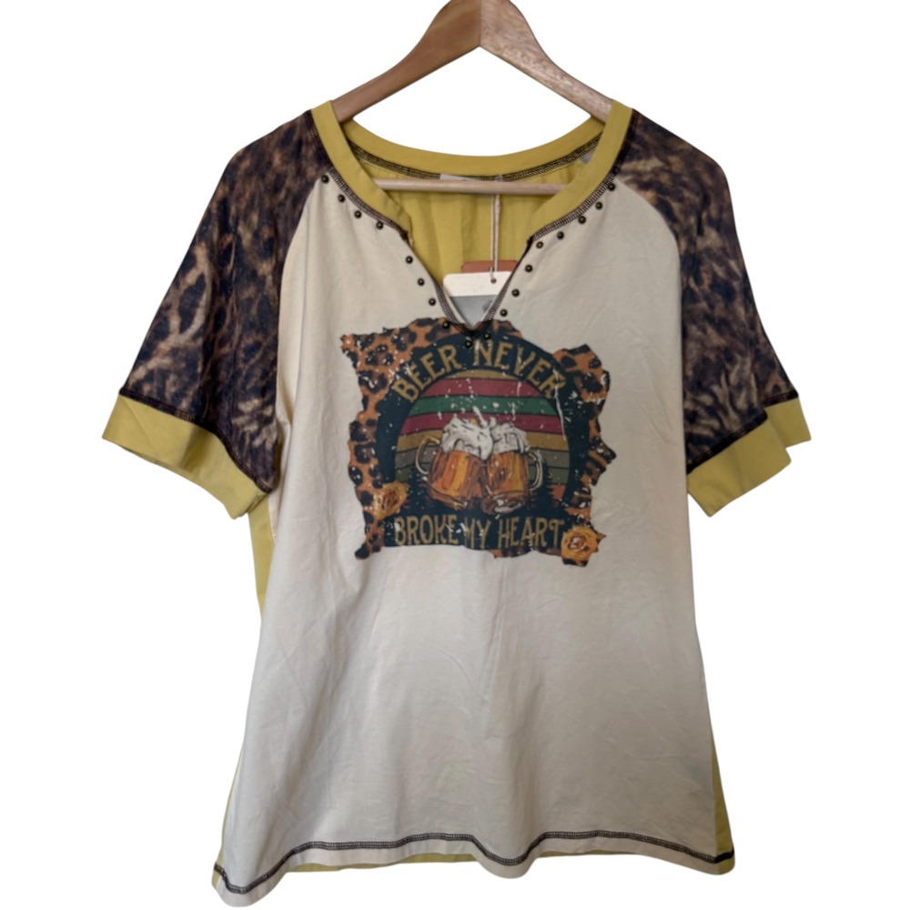 Delila Graphic T-Shirt Womens XL Yellow NWT Beer Never‎ Broke My Heart Leopard